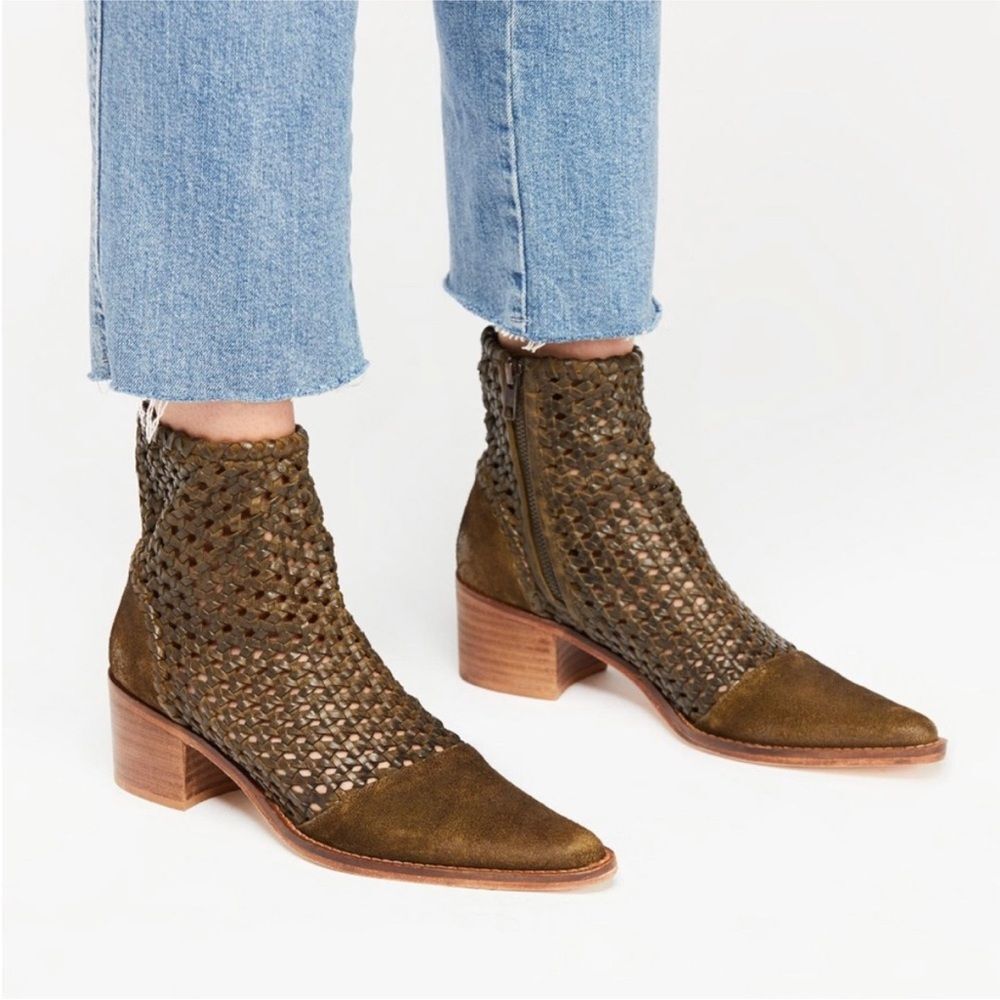 Free People Seude Leather In The Loop Woven Bootie Pointed Toe Olive Green 36